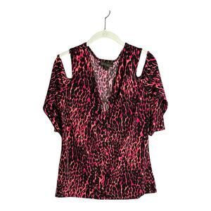 Bold Elements Hot Pink Leopard Print Cold Shoulder Top Small Front Cutout Sz L